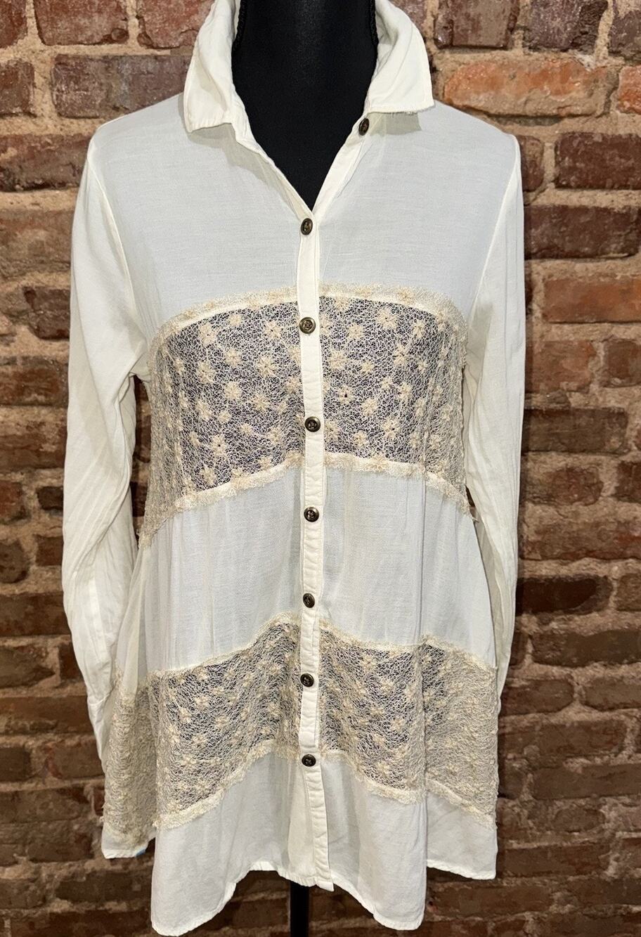 We The Free Sheer Lace Ivory Button Up Blouse Sz XS Boho Beachy Spring Break